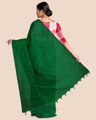 Look and Adorn Mercerised Handloom Khadi Cotton Saree with Blouse Piece (Emerald Green) 2