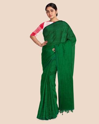 Look and Adorn Mercerised Handloom Khadi Cotton Saree with Blouse Piece (Emerald Green) 4