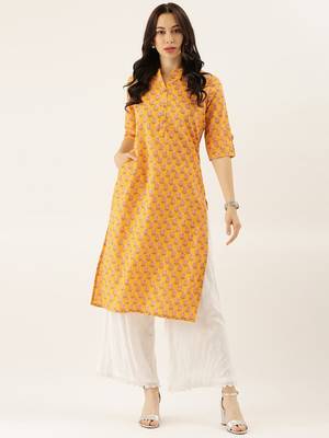 Yellow printed cotton cotton-kurtis 1