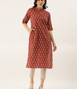 Maroon printed cotton cotton-kurtis