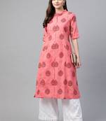 Peach printed cotton ethnic-kurtis