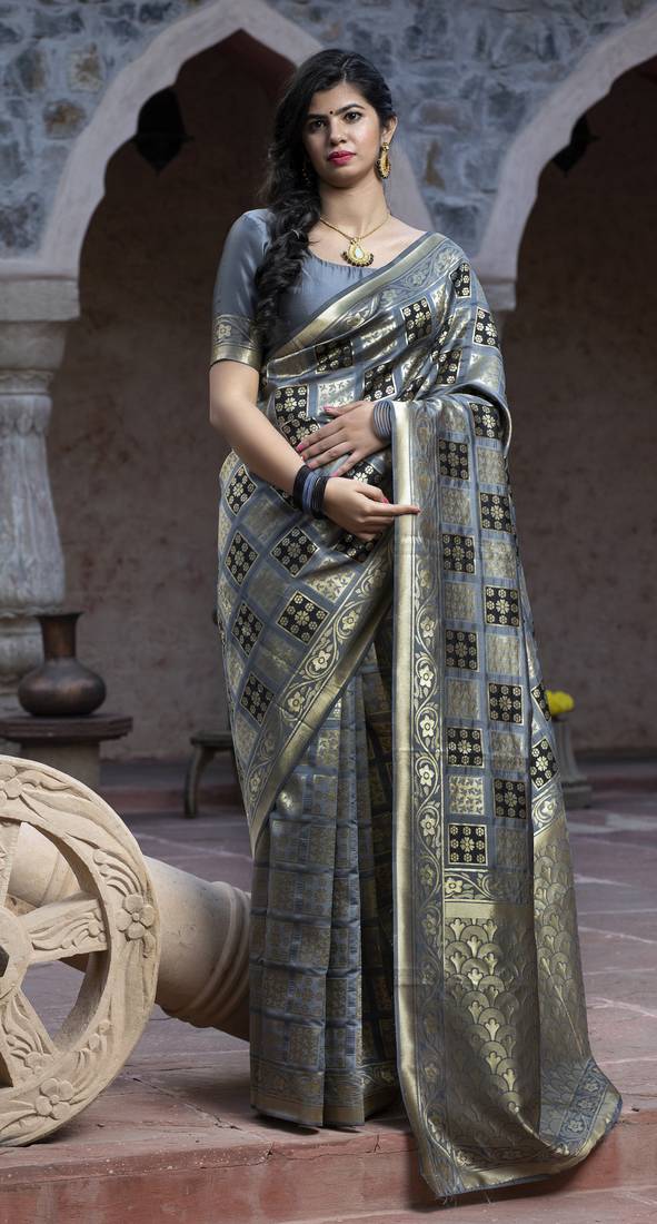 Grey Banarasi Weaving Silk Traditional Rajwadi saree