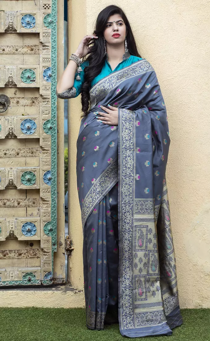 Grey Banarasi Weaving Silk Traditional Rajwadi saree