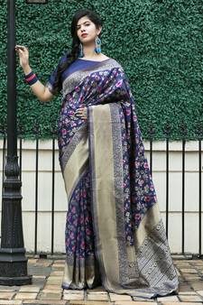 Navy blue Banarasi Weaving Silk Traditional Royal Saree