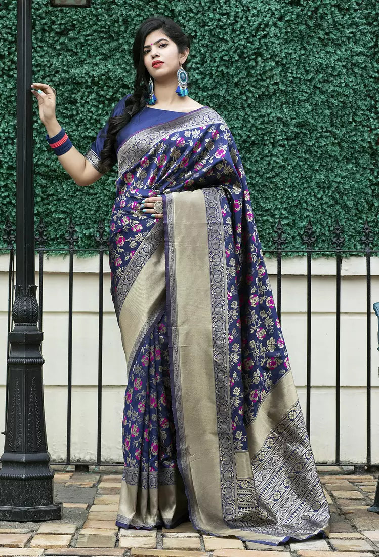 Navy blue Banarasi Weaving Silk Traditional Royal Saree