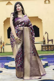 Purple Banarasi Weaving Silk Traditional Royal Saree