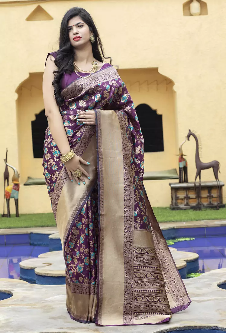 Purple Banarasi Weaving Silk Traditional Royal Saree