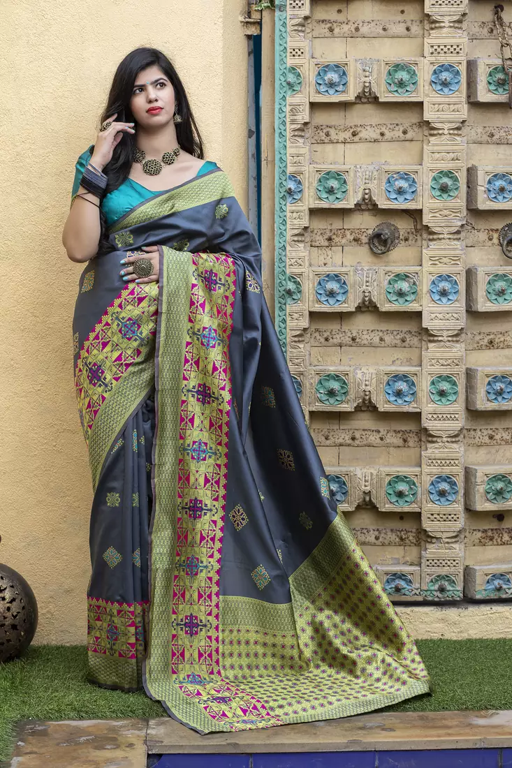 Grey Banarasi Weaving Silk Traditional Saree