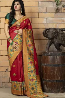 Red Banarasi Weaving Silk Traditional Saree