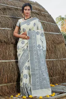Off white Banarasi Weaving Silk Traditional Royal Saree