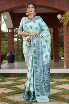 Turquoise Banarasi Weaving Silk Traditional Royal Saree