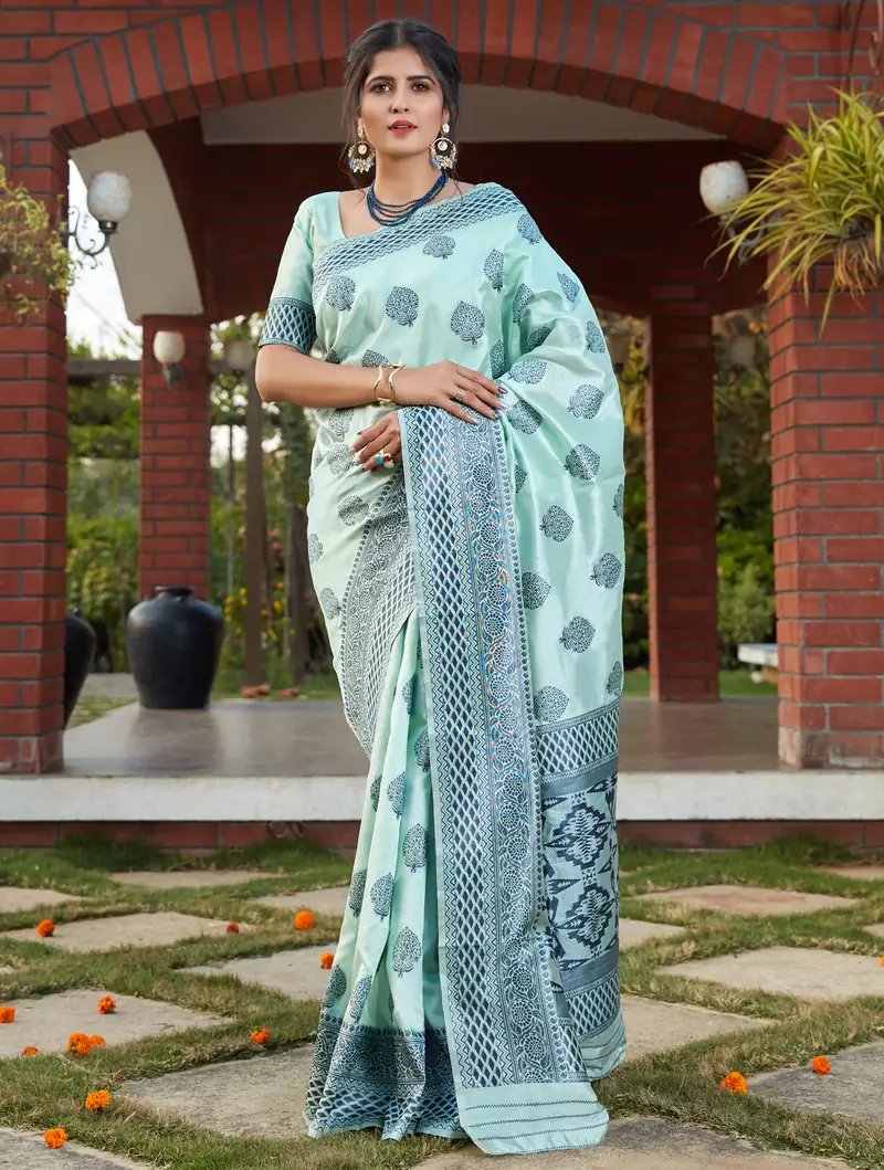 Turquoise Banarasi Weaving Silk Traditional Royal Saree