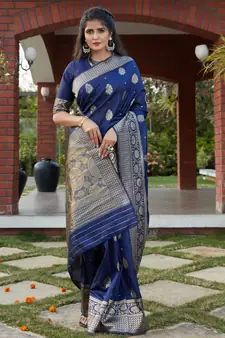 Navy blue Banarasi Weaving Silk Traditional Royal Saree