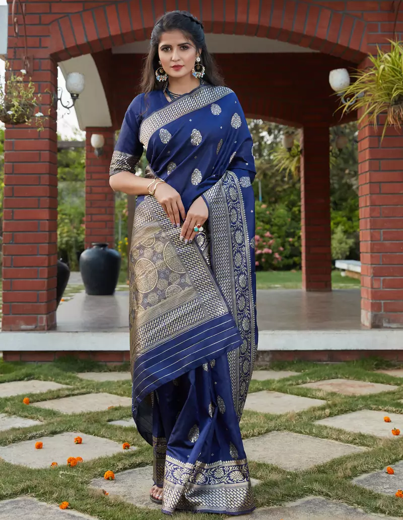 Navy blue Banarasi Weaving Silk Traditional Royal Saree