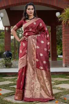 Wine Banarasi Weaving Silk Traditional Royal Saree