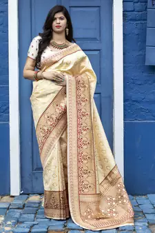 Off white Banarasi Weaving Silk Traditional Maharani Saree