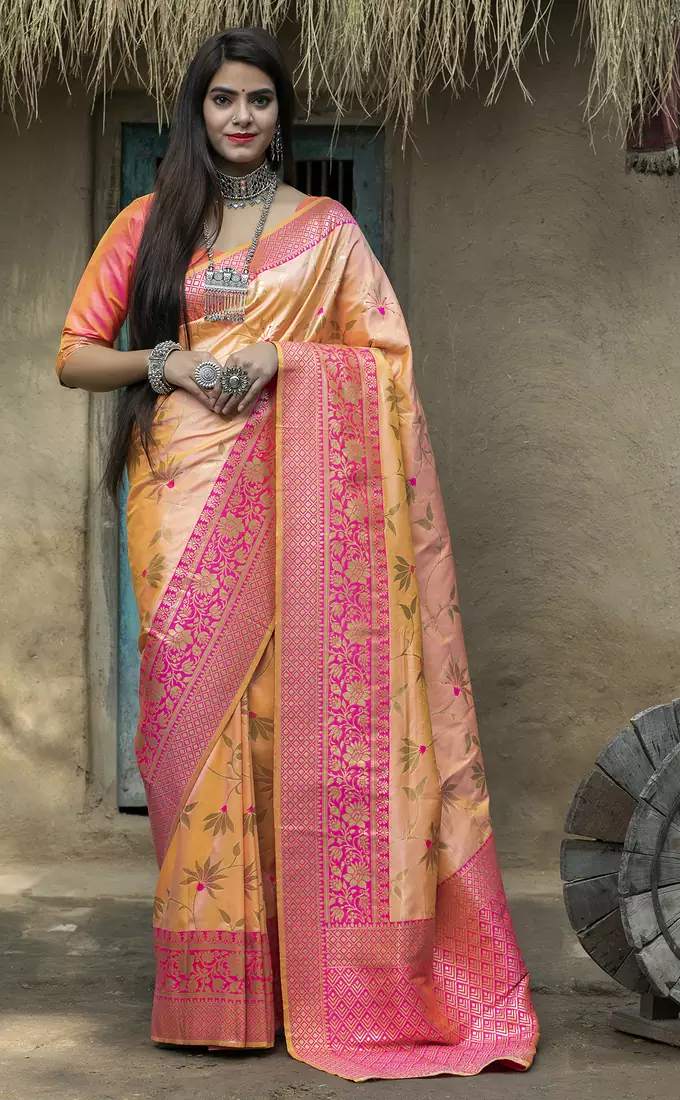 Light orange Banarasi Weaving Silk Traditional Maharani Saree