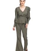 WOZTY Women TIE UP Buttoned TOP Olive Color Poly Crepe