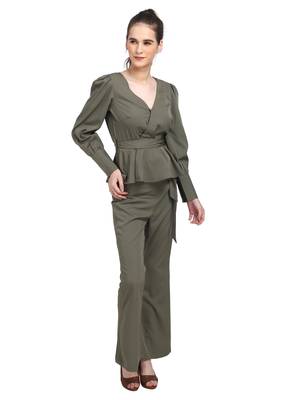 WOZTY Women TIE UP Buttoned TOP Olive Color Poly Crepe 2