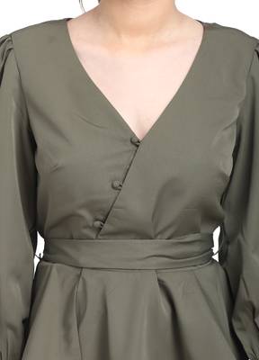 WOZTY Women TIE UP Buttoned TOP Olive Color Poly Crepe 6