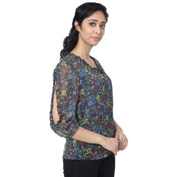 WOZTY Women's Floral Regular fit Cut Out Sleeve Top 2