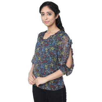 WOZTY Women's Floral Regular fit Cut Out Sleeve Top 3