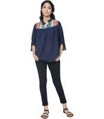 WOZTY Women Mock Neck Navy Color Block Top