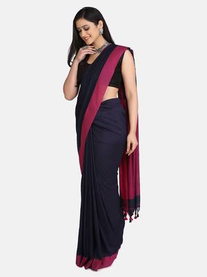 Navy Blue Plain Work Khadi Cotton Handloom Saree With Blouse 1