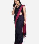 Navy Blue Plain Work Khadi Cotton Handloom Saree With Blouse