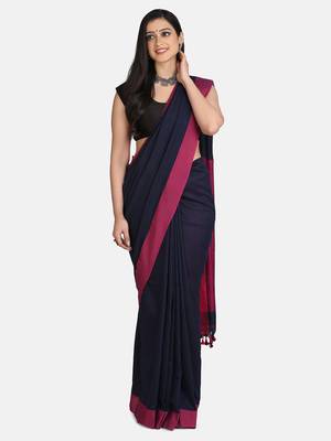 Navy Blue Plain Work Khadi Cotton Handloom Saree With Blouse 2