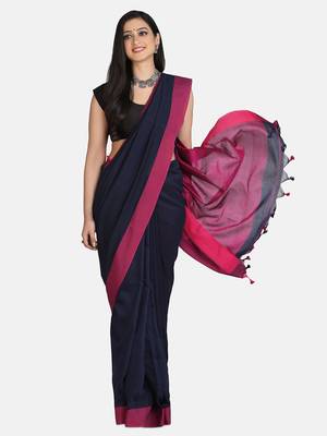 Navy Blue Plain Work Khadi Cotton Handloom Saree With Blouse 3