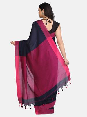 Navy Blue Plain Work Khadi Cotton Handloom Saree With Blouse 4