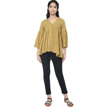  WOZTY Women Yellow Zigzag Print Geather Top 1