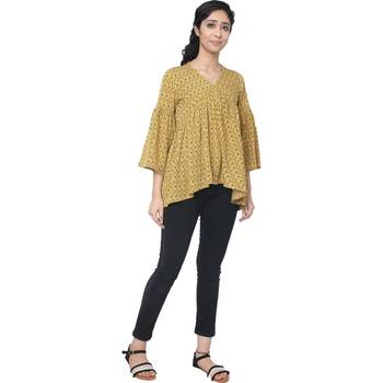  WOZTY Women Yellow Zigzag Print Geather Top 2