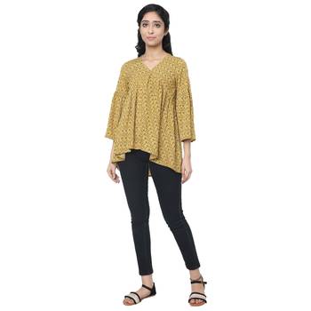  WOZTY Women Yellow Zigzag Print Geather Top 3