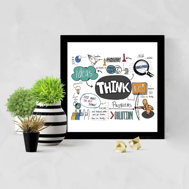Think Idea     Typography Black Framed Wall Hanging Art Print for Office   Home  Reading Room  ( 8x8 ) Inch
