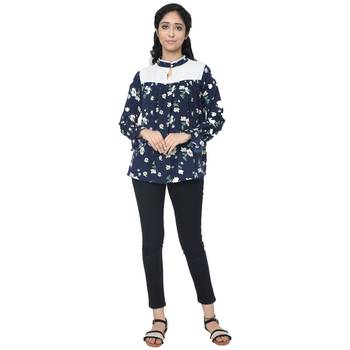 WOZTY WOMEN Navy Printed Yoke Top 1