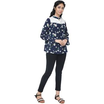 WOZTY WOMEN Navy Printed Yoke Top 2