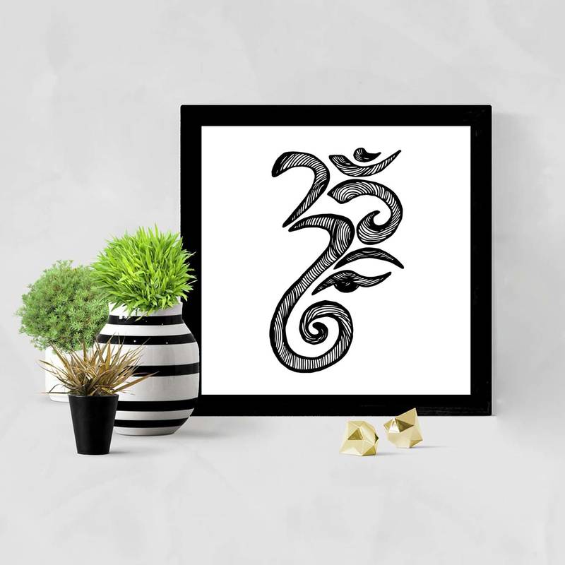 OM Ganesha Sketch  Spiritual Black Framed Wall Hanging Art Print for Office  Home Reading Room  ( 8x8 ) Inch