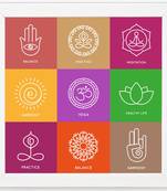 Yoga Symbols  Spiritual White Framed Wall Hanging Art Print for Office  Home Reading Room  ( 8x8 ) Inch