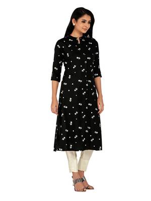 Black printed cotton long-kurtis 3