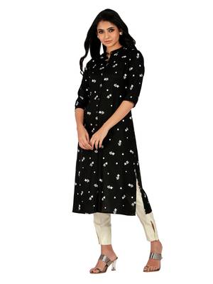 Black printed cotton long-kurtis 4
