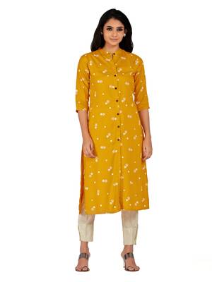 Mustard printed cotton long-kurtis 1