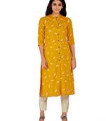 Mustard printed cotton long-kurtis