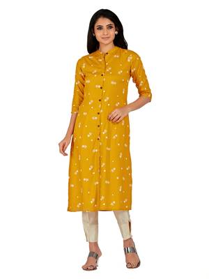 Mustard printed cotton long-kurtis 3