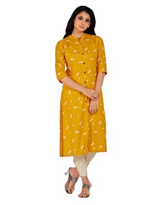 Mustard printed cotton long-kurtis 4