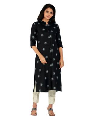 Black printed cotton long-kurtis 1