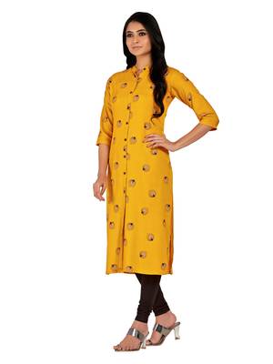 Mustard printed cotton long-kurtis 4