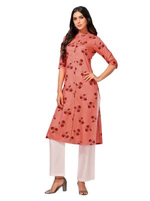 Orange printed cotton long-kurtis 1