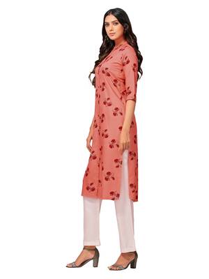 Orange printed cotton long-kurtis 3